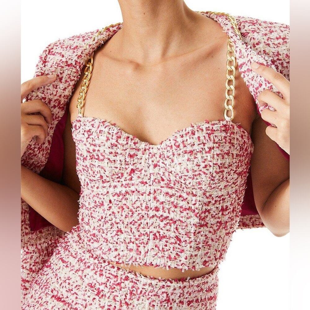 NEW Alice + Olivia Cristi Chain Tweed Crop Top  Bustier Pink White US 14 $295